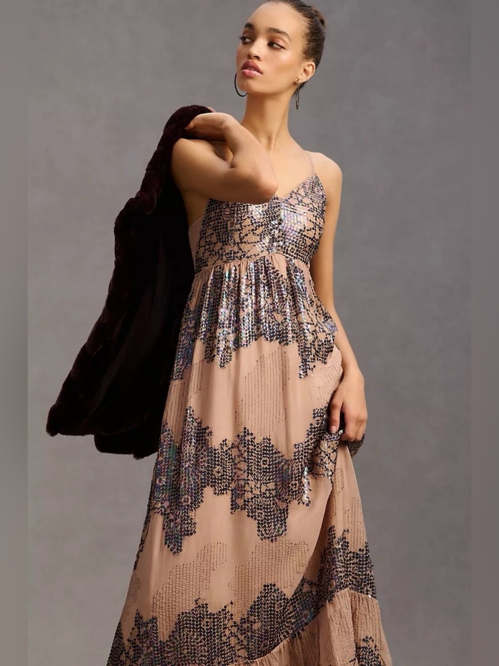 Anthropologie Let Me Be Deep-V Brown Black Sequin Dress, Size MP